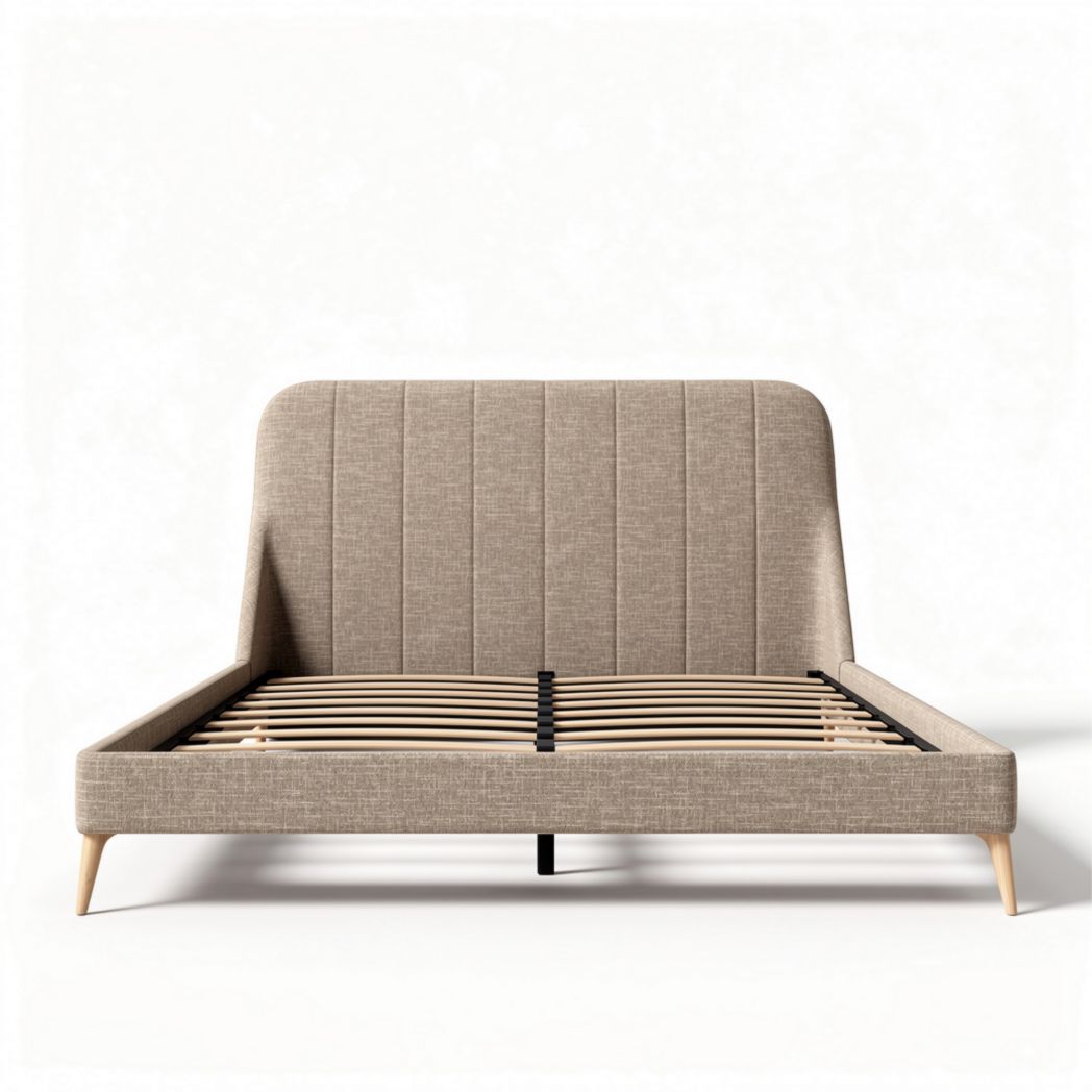 Lichtgrijs stoffen bed met houten poten 200 x 160 x 100cm
