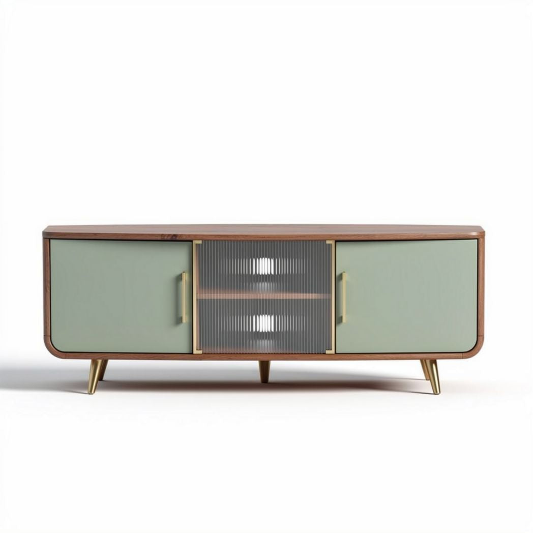 Tv-meubel 150 x 40 x 50cm van hout en kunststof met glazen deuren in groen en bruin