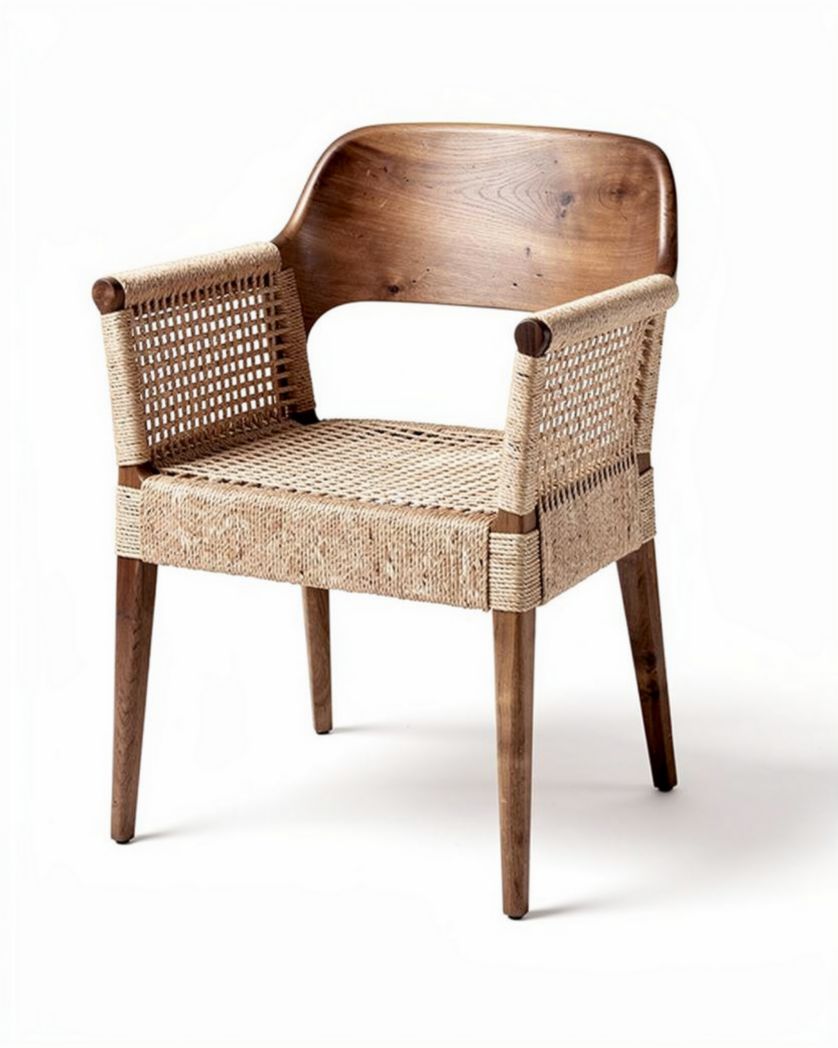 Stoel met houten zitting en armsteunen van natuurlijk gevlochten materiaal 50 x 50 x 80cm