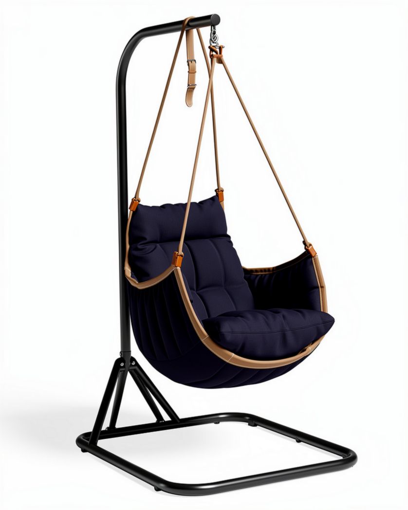 Hangstoel met zwarte metalen standaard en navy blauwe kussens 90 x 60 x 100cm