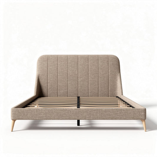 Lichtgrijs stoffen bed met houten poten 200 x 160 x 100cm