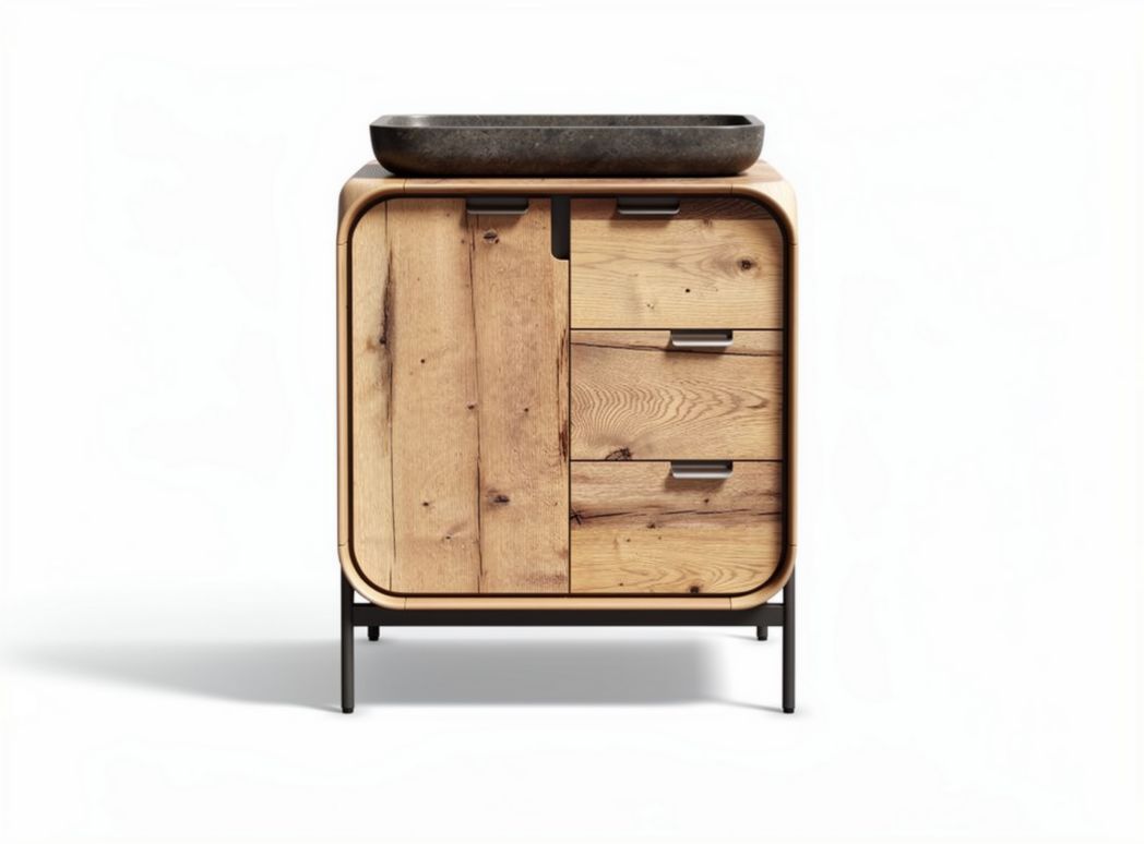 Houten kast met drie lades en een zwart stenen bovenblad 80 x 50 x 90cm