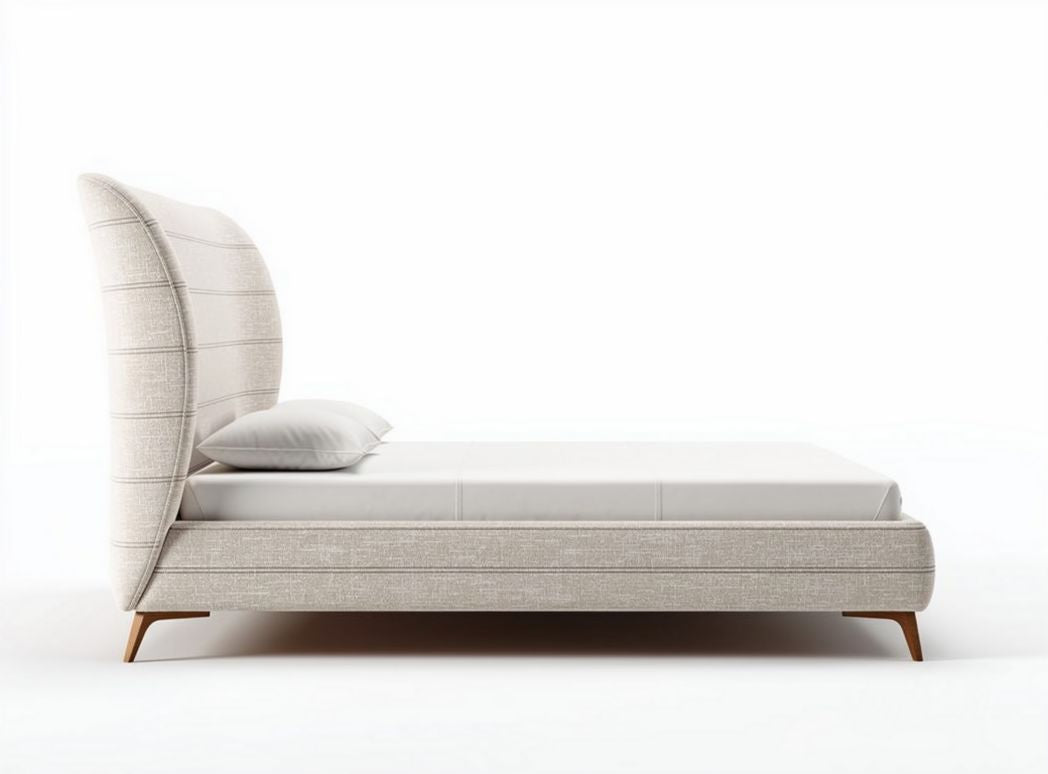 Bed met hoofdeinde van textiel en houten poten in beige 200 x 160 x 100 cm
