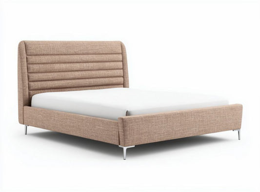 Gevoerd bed met gestoffeerde hoofdbord van beige stof 200 x 160 x 100cm