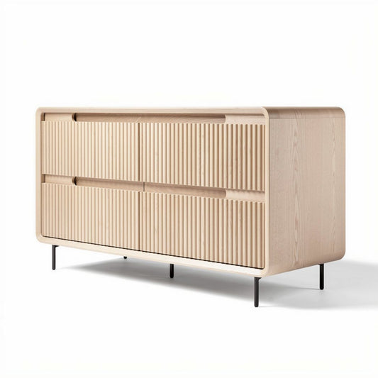 Houten dressoir met ribbelstructuur en zwart metalen poten 150 x 45 x 75cm